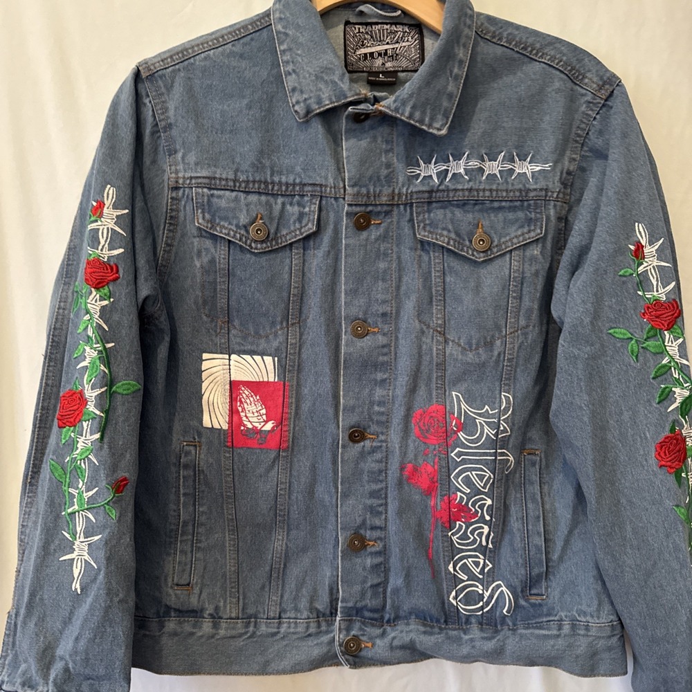 Brooklyn Cloth Sz L Embroidered Roses "Blessed" Blue Jean Jacket Unisex Y2K